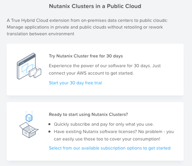 Select Nutanix Clusters 30 day trial or purchase